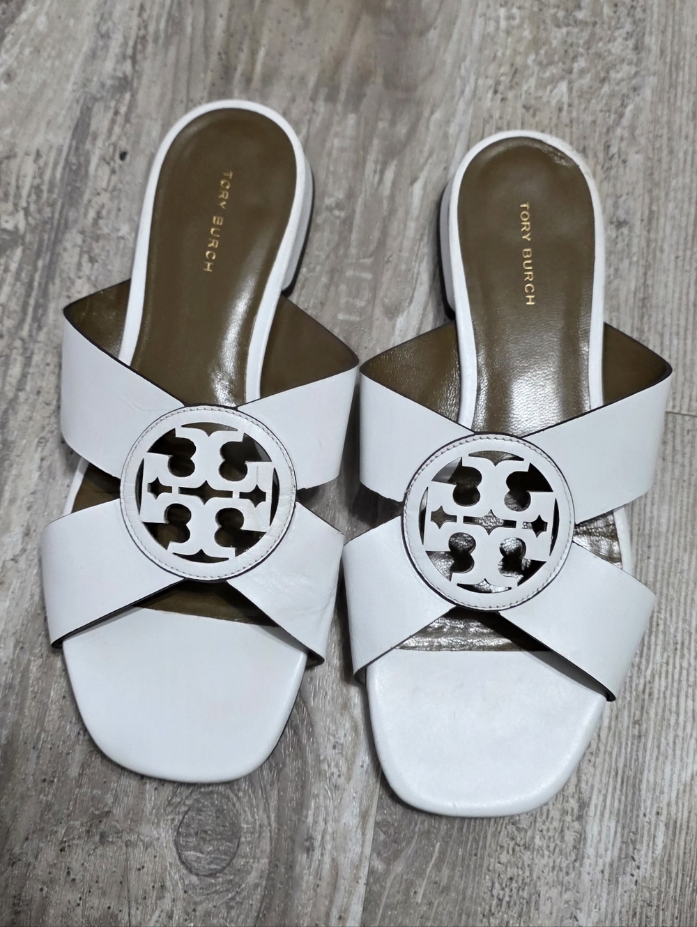 Tory Burch Size 8 Miller Cross Strap Slide Sandals White Leather Logo Low Heel